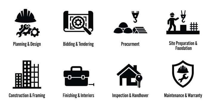 Construction project planning vector icon set for building processes and development stages on background