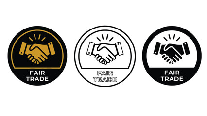 Three fair trade logos with handshake symbols on white background