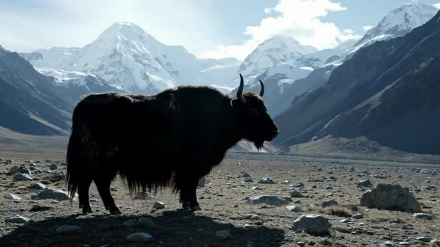 A majestic yak standing on a rocky outcrop overlooking a serene mountainous landscape with snow-capped peaks in the distance