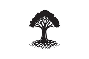 Tree with roots silhouette vector illustration, Set of Tree with roots silhouette vector 
