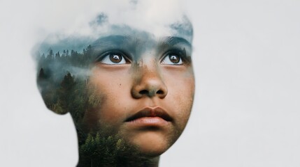 A serene portrait of a child with a landscape reflection in their head, symbolizing a connection between nature and innocence.