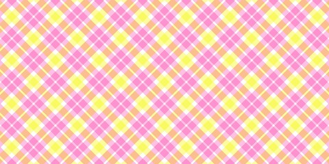 Fototapeta premium Seamless diagonal plaid pattern in pastel pink, yellow, and orange. Vibrant checkered tartan background for textile, wallpaper, wrapping paper, and spring or summer themed digital scrapbooking.