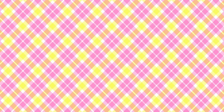 Seamless diagonal plaid pattern in pastel pink, yellow, and orange. Vibrant checkered tartan background for textile, wallpaper, wrapping paper, and spring or summer themed digital scrapbooking.