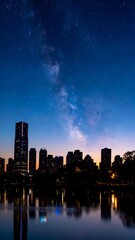 Fototapeta premium Nighttime city skyline with reflected lights under a starry sky and dark trees