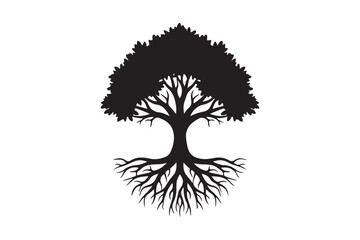 Tree with roots silhouette vector illustration, Set of Tree with roots silhouette vector 