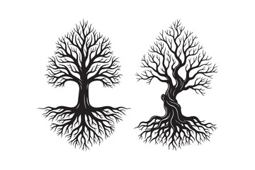 Tree with roots silhouette vector illustration, Set of Tree with roots silhouette vector 