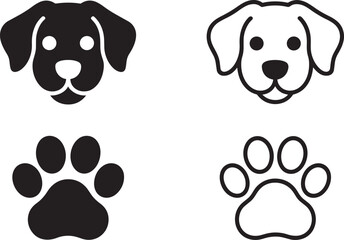 Cute puppy dog face and paw print vector icons set black and outline style on transparent © MC Creative