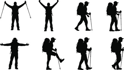 Obraz premium Set of High Quality Male Hiker Silhouettes Featuring Backpackers with Trekking Poles Hiking Walking and Celebrating Success for Outdoor Adventure Tourism and Mountaineering Graphic Designs