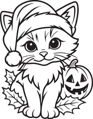 Obraz premium Santa Hat Kitten with Jack-o'-Lantern – Holiday Mashup Coloring Page