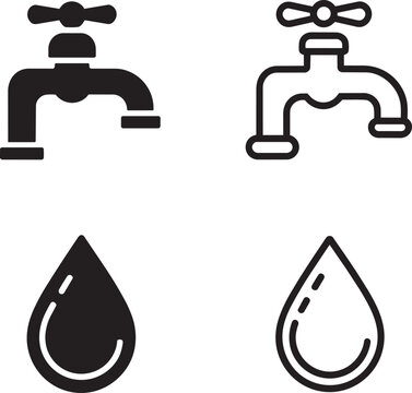 Water faucet and drop vector icons plumbing plumbing fixture liquid outline sign symbol