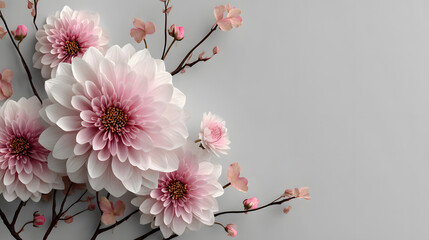 Elegant floral frame with pastel pink dahlia blossoms and delicate branches, ideal for invitations, branding, romantic layouts, and decorative compositions.