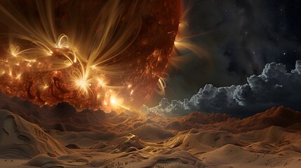 Dramatic close-up view of the Sun?s surface showing glowing plasma loops and intense energy, illustrating astrophysics, space science, and cosmic phenomena.