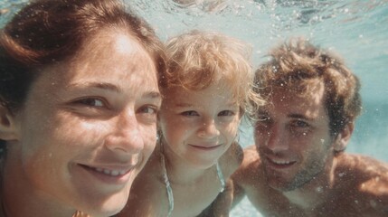 Obraz premium Family of three - a mother, father and a young child - swimming underwater in a pool. the mother is on the left side of the image, with her head above the water and a big smile on her face.