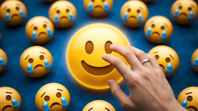 Hand touching glowing happy emoji surrounded by sad crying emojis on blue background