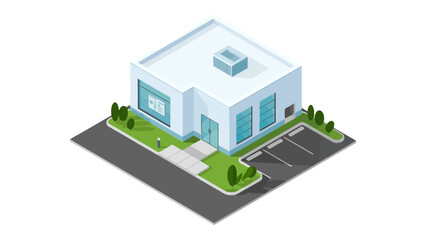 A modern building with a parking lot and green surroundings