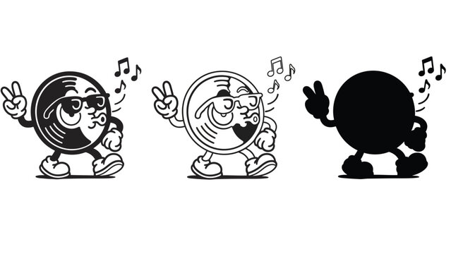 A set of three cartoon music notes in different styles and colors