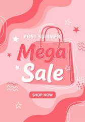Sale poster with tropic leaves, flowers, flamingoes, advertisement banner and tropical background in modern flat style