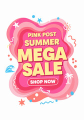 Sale poster with tropic leaves, flowers, flamingoes, advertisement banner and tropical background in modern flat style