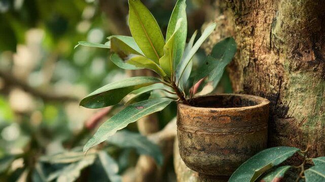 A tree with leaves and a small bowl attached to it, in the green environment 