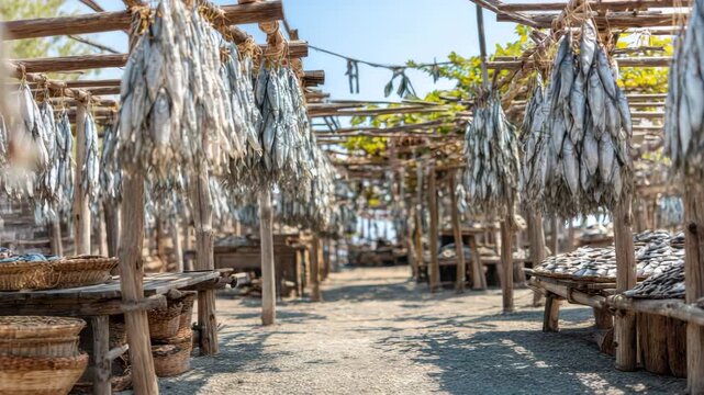 Dried fish hanging under a wooden structure at market. The sunlight creates beautiful shadows on the wooden frame