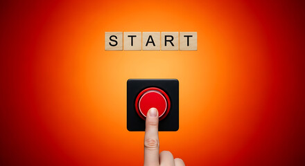 ErrorFingers pressing a bright red emergency stop button labeled with wooden letter blocks spelling out the word start initiating action or process launch concept