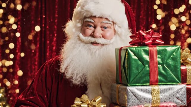 Jolly Santa Claus spreading festive cheer with a stack of beautifully wrapped Christmas presents, embodying the spirit of generosity and holiday magic against a sparkling backdrop
