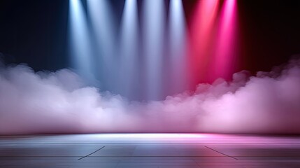 Naklejka premium Dramatic Stage Background with Colorful Lights and Fog Ideal for Performance, Presentation, or Creative Art Projects in a Studio Setting