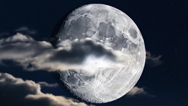 A large, detailed moon peeks through clouds in a dark night sky