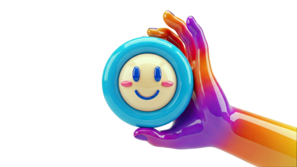 Hand holding a smiley face icon with vibrant gradient colors