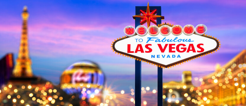 Las Vegas, Nevada, United States of America. 01-15-2026 Welcome to Fabulous Las Vegas Neon Sign With Sunset Beautiful Cloudy Sky