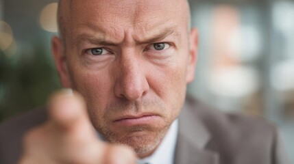Fototapeta premium Close-up portrait of a middle-aged man with a bald head and blue eyes. he is wearing a suit and tie and is pointing his index finger towards the camera with a serious expression on his face.