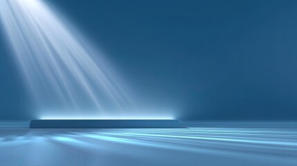 Blue illuminated stage with dramatic light beams creating a serene atmosphere for presentations, performances, or product showcases in a minimalist setting
