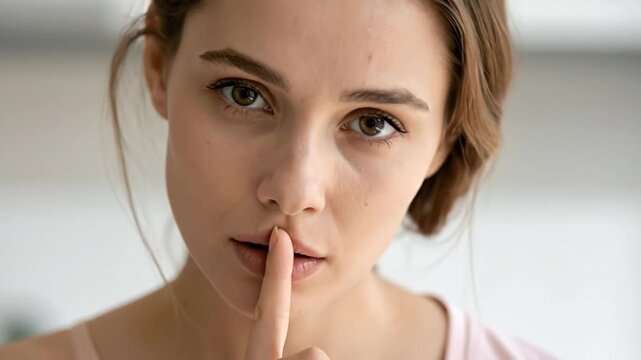 Young woman with finger on lips, gesturing for silence and secrecy.