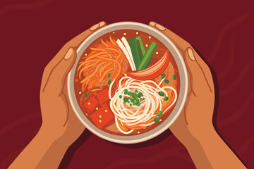 Top Down Hands Holding Kimchi Ramen Bowl