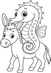 Fototapeta premium Cartoon Seahorse and Donkey Duo – Whimsical Black and White Animal Line Art Illustration
