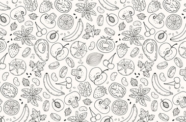 Hand drawn vegan food seamless pattern with fruits vegetables nuts herbs mushrooms line art doodle on light background. Plant based diet vector texture for organic packaging, textile, menu, healthy li