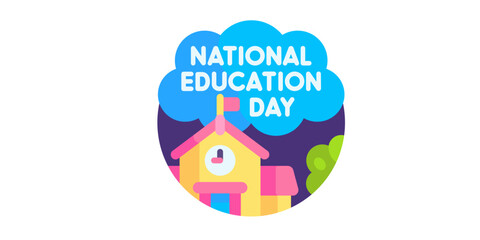 A colorful illustration of a school building celebrating National Education Day