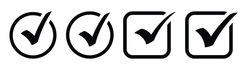 Minimalist black checkmark inside circle thin outline logo design. Сheck mark vector icons set. Simple tick and approved sign collection. Minimal black checkmark glyph symbols