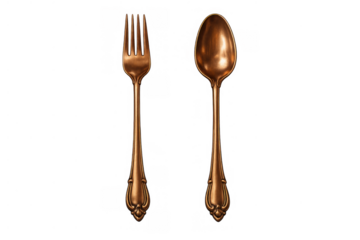 Bronze cutlery set featuring a vintage ornate design, a decorative fork and elegant spoon, isolated on transparent background