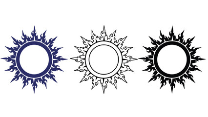 Three sun symbols with flames in different colors on a white background