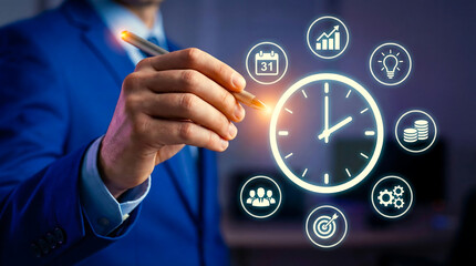 Businessman using time management and productivity holographic interface website banner