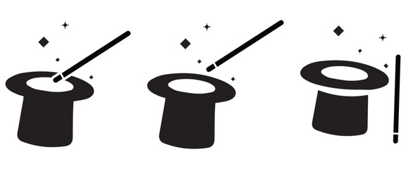 Magic Hat & Stars Icon Set – Circus, Abracadabra & Magic Trick Symbols in Flat & Outline Vector Style © maxronju25