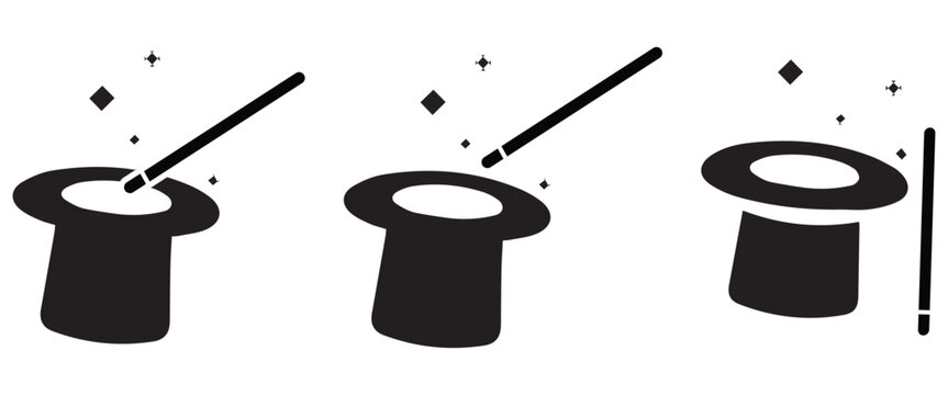 Magic Hat & Stars Icon Set &ndash; Circus, Abracadabra & Magic Trick Symbols in Flat & Outline Vector Style