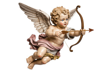 Dynamic Cupid Cherub Angel Statue Sculpture with Bow and Arrow on White Background, Symbolizing Love and Romance for Valentine's Day.