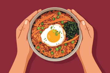 Top Down Hands Holding Kimchi Fried Rice Bowl