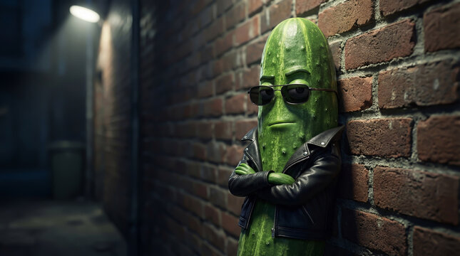 Cucumber in the image of a bully or biker standing under a streetlight near a wall