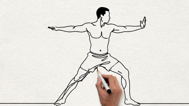 A generic figure transitioning smoothly between yoga poses, continuous line art style.