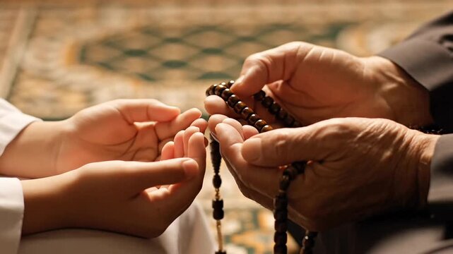Focused shot of interlocked hands in a prayer position. Realistic textures of skin and wooden beads are highlighted against a blurred, traditional patterned prayer mat 4K