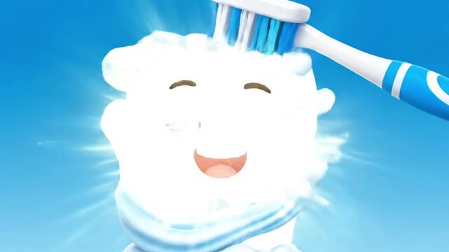 A cartoon tooth being brushed by a toothbrush, sparkling clean, dental hygiene.
