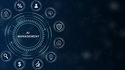 AI MANAGEMENT text successful business concept ,Business, Technology, Internet and network concept ,abstract circles and gears backgrounds 4K LOOP, Partnership ,Motion Graphic on Blue Background .